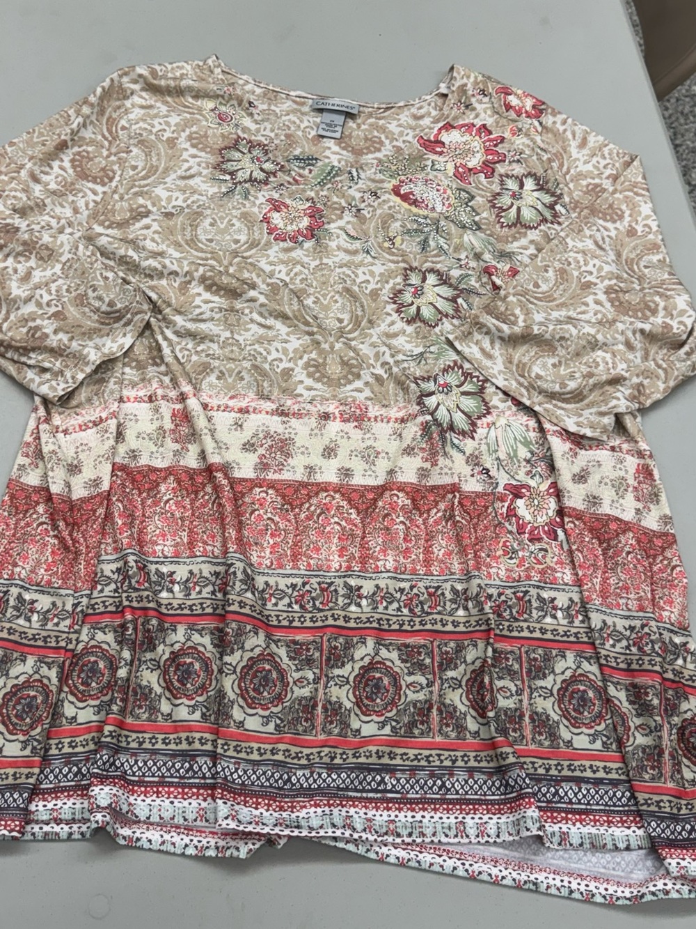 Catherines Cream and Red Paisley Floral Scoop-Neck Tunic